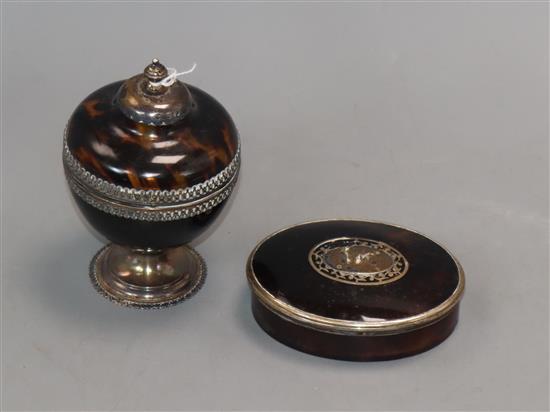 A late Victorian silver mounted tortoiseshell pedestal box and cover, William Comyns, London, 1892 and one other box.